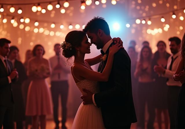 Mirii dansând romantic la petrecerea de nuntă, înconjurați de lumini ambientale.